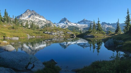 Obraz premium Mountain lake reflection, alpine landscape, sunrise