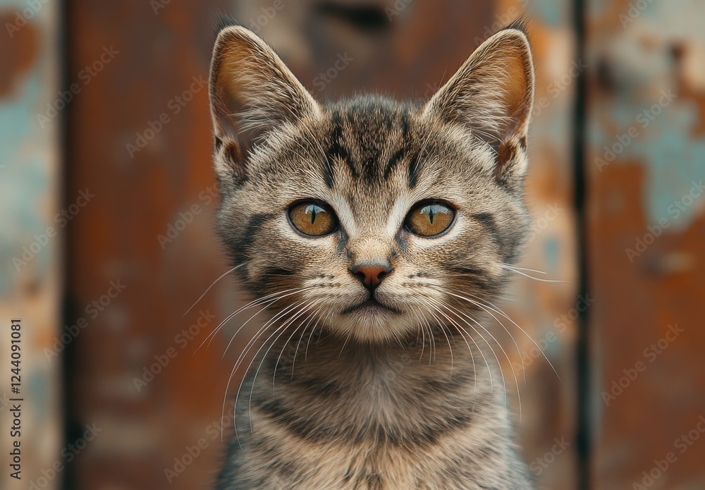 Poster charming close-up of a striped cat with bright eyes posing against a rustic background capturing the