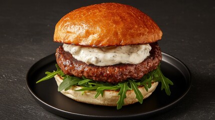 A delicious gourmet burger with fresh arugula and creamy sauce served on a toasted bun on a black plate.