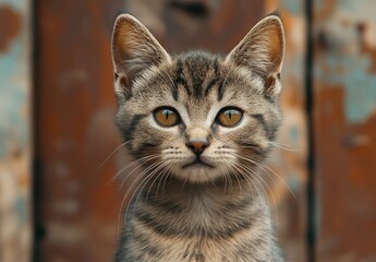 Charming Close-Up of a Striped Cat with Bright Eyes Posing Against a Rustic Background Capturing the Essence of Feline Curiosity and Playfulness
