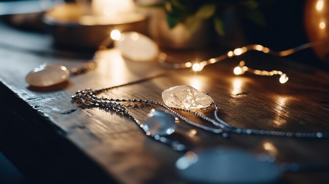 Handmade jewelry and beadwork create an artistic display on a rustic wooden workbench during National Craft Month - Powered by Adobe