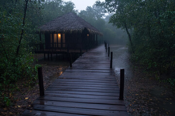 Obraz premium A wooden bridge leads to a small hut in the woods