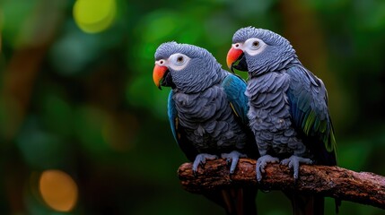 Obraz premium Two parrots perched on branch, lush green background, wildlife, nature photography