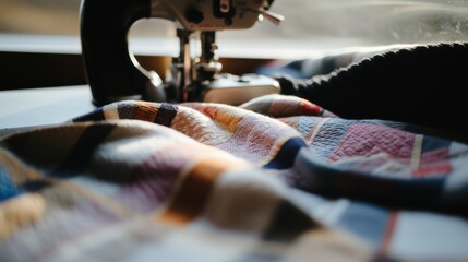 Hand stitching a colorful quilt in a cozy setting with a vintage sewing machine during National Craft Month
