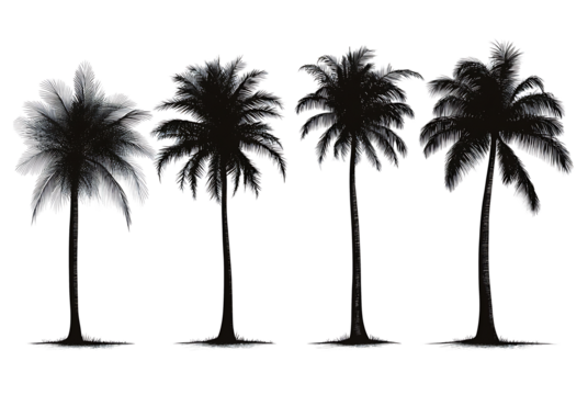 Set of black palm trees on a transparent background. PNG