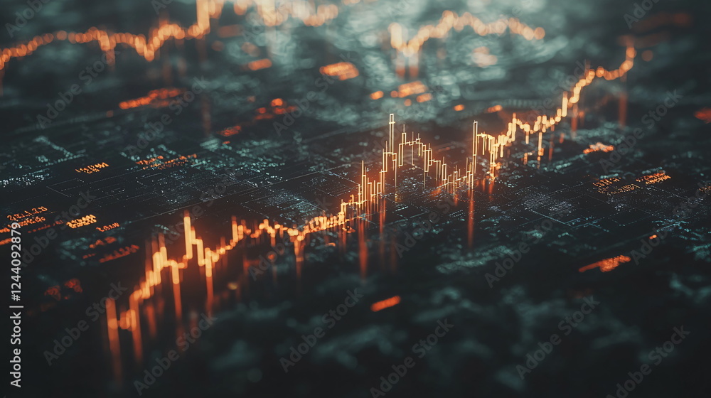 Aufkleber financial data visualizations with glowing orange graphs illustrating market trends and statistics.