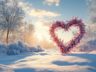 Heart-shaped frame in a serene winter landscape for Valentine's Day