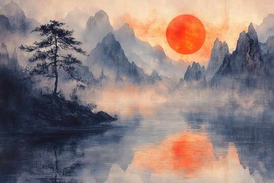 Tranquil Landscape with River Reflecting Orange Sun and Solitary Tree
