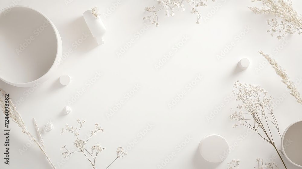 Poster clean, simple white background with scattered abstract shapes, such as faint circles or squares, add