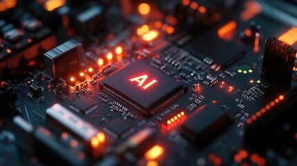 A close-up of a circuit board featuring an illuminated AI chip amidst electronic components.