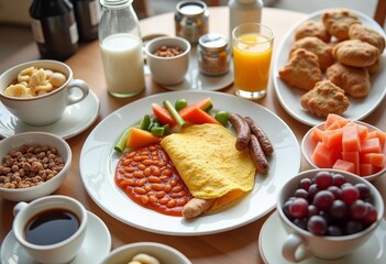 A delightful and bountiful breakfast spread with various dishes on a wooden table