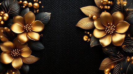 Naklejka premium Golden Flowers Black Leaves Elegant Background Design