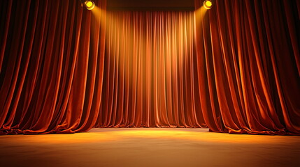 Bright orange stage curtains illuminated by warm spotlight beams in an empty theater setting.