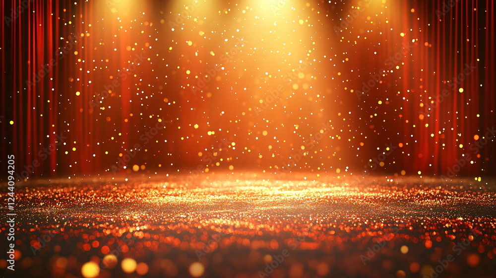 Poster golden lights illuminating sparkling particles on stage with red curtains in the background