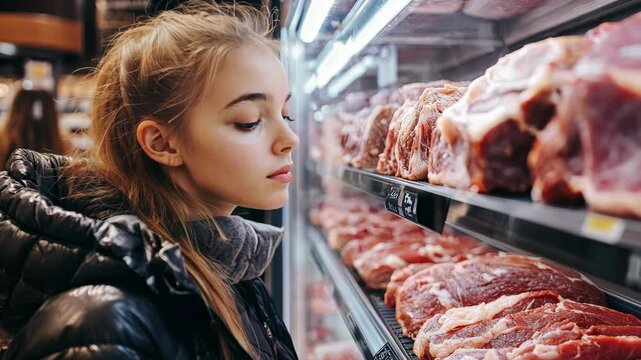 Young woman examining fresh meat selection in a grocery store aisle
