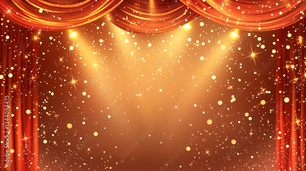 Poster radiant stage backdrop with shimmering lights and flowing red curtains creating a festive atmosphere