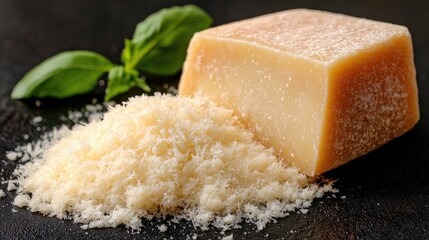Parmesan cheese block and shavings, basil sprig, dark background; food photography