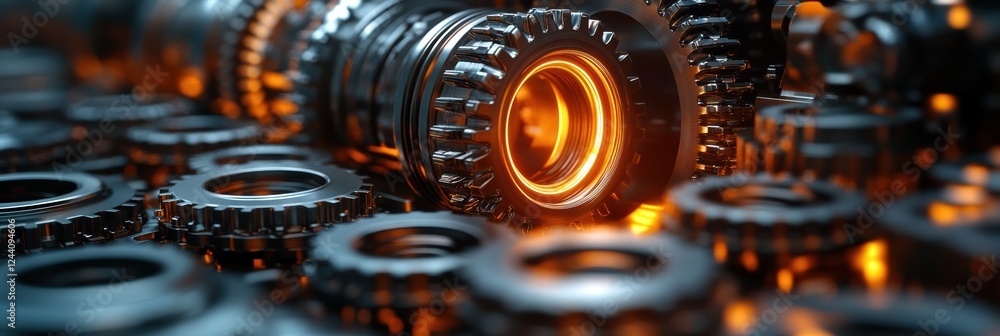 Poster close-up view of automatic gears in motion with glowing detail highlighting complex mechanics