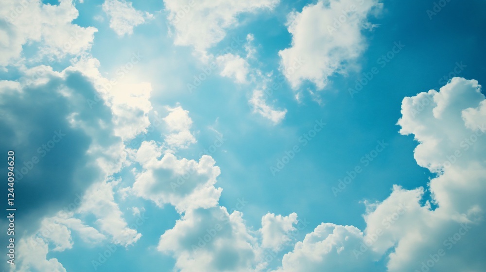 Poster a vibrant blue sky with fluffy white clouds creating a dynamic abstract pattern