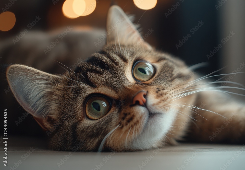 Poster close-up of a domestic cat with striking green eyes gazing curious and playful while relaxing on a s