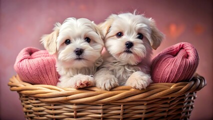 Valentine's Day delight: precious Maltese puppies pose adorably in a pink basket for a heartwarming photoshoot.