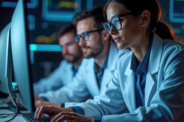 A diverse group of focused scientists actively collaborating on computer analysis in a high-tech laboratory, utilizing advanced technology to drive research and innovation.