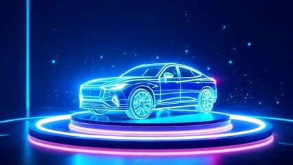 Modern electric car concept with neon glow effect on rotating platform. Futuristic automotive display with blue and pink light trails. Digital showroom presentation for luxury vehicle - Powered by Adobe