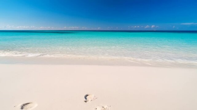 Crystal clear turquoise water gently washes away footprints on pristine white sand beach in slow motion, creating a serene and idyllic tropical paradise scene