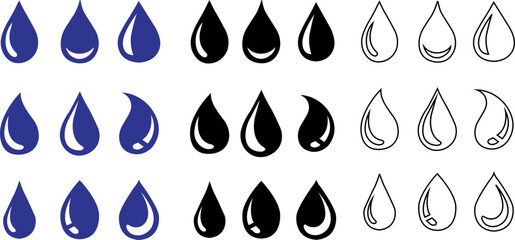 set of blue and black Water drop shape icon. Water or rain drops shape icon. Blood or oil drop. Plumbing logo. Flat style outline. glossy water drops