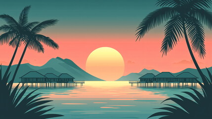 Obraz premium Sunset over tranquil waters with silhouetted palm trees and tropical cottages in the distance.