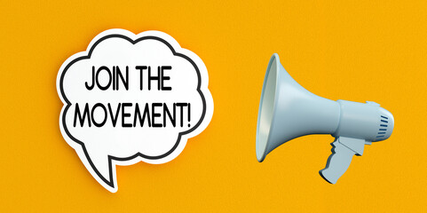 Join the Movement! text message on speech bubble.Megaphone and announcement concept,yellow background