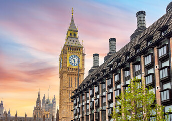 Big Ben (Elizabeth) tower and Portcullis house on Victoria embankment, London, UK