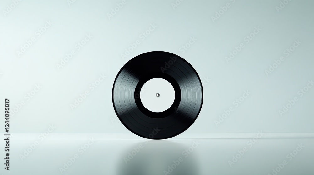 Poster minimalist depiction of vinyl record centered on bright white background with subtle reflections and