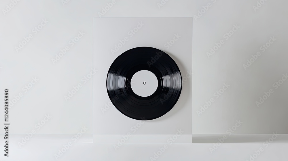 Poster minimalist depiction of vinyl record centered on bright white background with subtle reflections and