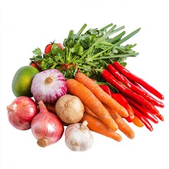 Fresh Organic Vegetables with Colorful Carrots, Onions, and Herbs