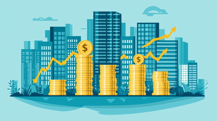 Fototapeta premium Growing stacks of gold coins in front of modern city skyline with upward trend arrows illustrating finance growth.