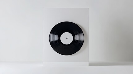 minimalist depiction of vinyl record centered on bright white background with subtle reflections and ample copy space