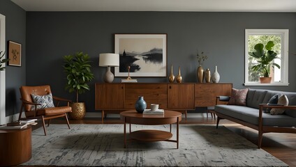 Modern living room with wood furniture, gray walls, potted plants, and large picture above sideboard

