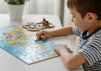 Boy Solving World Map Puzzle