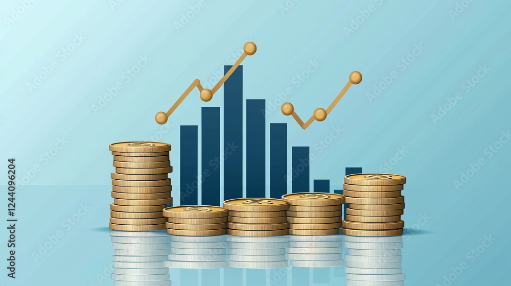 Poster growing stack of coins with bar graph and line chart on light blue background reflecting market tren