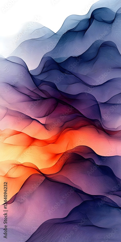 Poster an abstract composition showcasing flowing waves of deep blue and soft orange hues, creating a sense