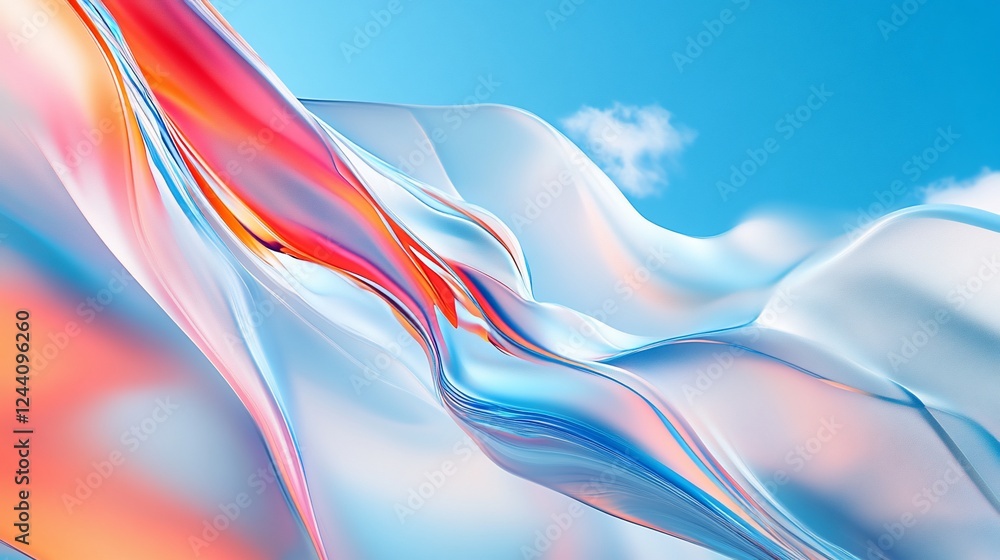 Poster abstract dynamic design with flowing translucent shapes on a sky blue background