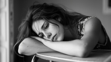 Black and white photo of a sad girl sitting at a desk with her head down. Perfect for blogs about depression, emotional health, support in difficult times.