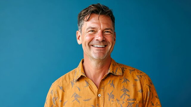 Man smiling and laughing in a bright shirt against a blue background