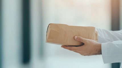 A person holding a wrapped package, emphasizing themes of delivery and anticipation in a soft, blurred background.