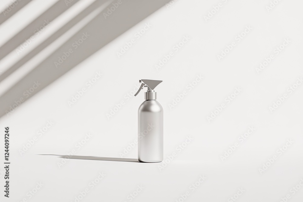 Poster minimalistic depiction of glossy spray bottle with pump centered on plain white background with soft