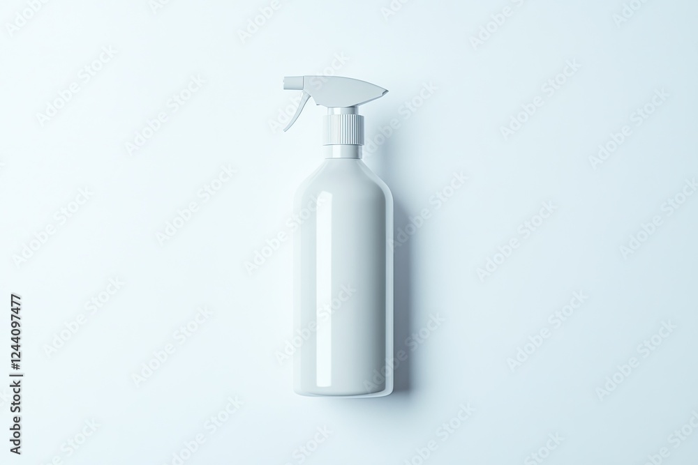 Poster minimalistic depiction of glossy spray bottle with pump centered on plain white background with soft