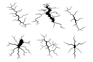 Disaster Damage in Ground and Concrete: Surface Cracks, Fissures, and Breaks from Earthquake with a Broken Glass Effect, Top View of Land Surface set