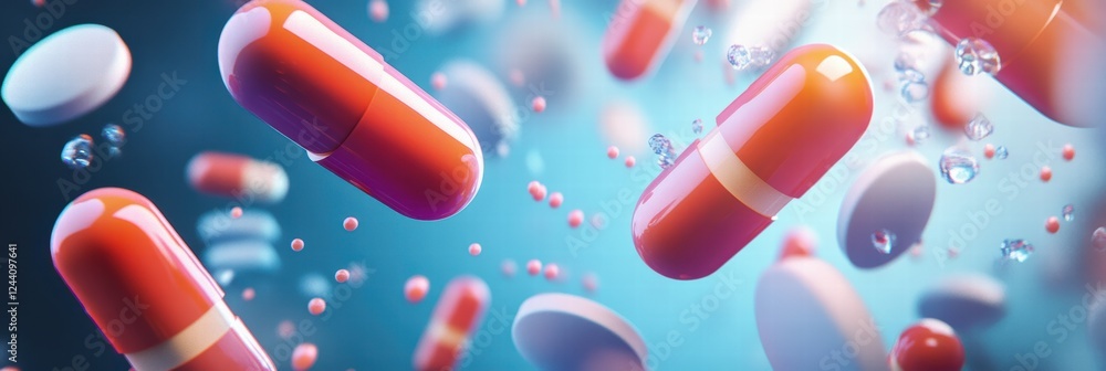 Poster visual representation of colorful capsules and pills floating in a vivid background