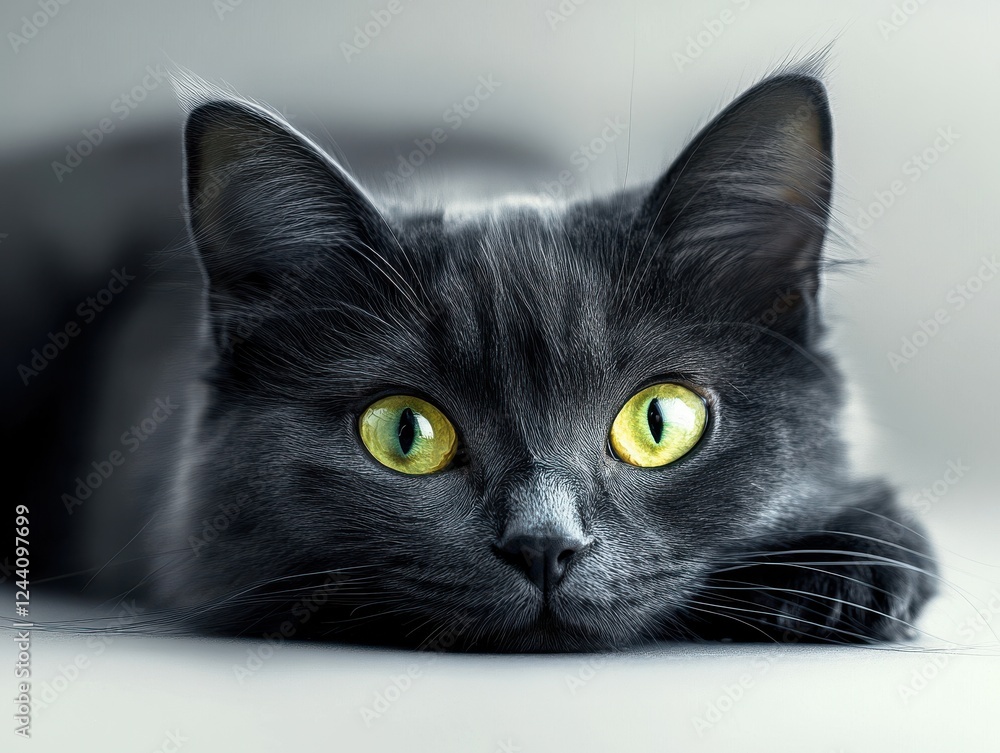 Poster close-up portrait of a grey cat with striking yellow eyes, expressing curiosity and calmness while r